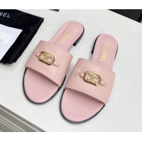 Low Price Chanel Calfskin Framed CC Flat Slide Sandals with Crystals Light Pink 915014