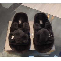 Durable Chanel Wool Flat Slide Sandals 2 Black 915022