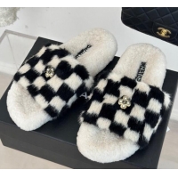 Top Grade Chanel Rabbit Fur Check Flat Slide Sandals Black/White 918060