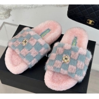 Durable Chanel Rabbit Fur Check Flat Slide Sandals Light Pink/Blue 918061