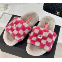 Unique Style Chanel Rabbit Fur Check Flat Slide Sandals Dark Pink/Beige 918062