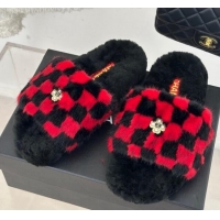 Good Looking Chanel Rabbit Fur Check Flat Slide Sandals Black/Red 918063