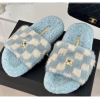 Good Quality Chanel Rabbit Fur Check Flat Slide Sandals Light Blue/White 918064