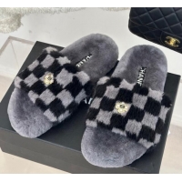 Best Grade Chanel Rabbit Fur Check Flat Slide Sandals Dark Grey 918065