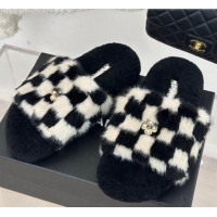 Grade Quality Chanel Rabbit Fur Check Flat Slide Sandals Black/White 918066