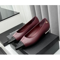 Most Popular Chanel Lambskin Pointed Flat Ballet with Pearls Burgundy 918069