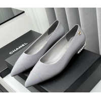 Top Design Chanel Fabric Pointed Flat Ballet with Pearls Grey 918072