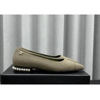 Best Product Chanel Fabric Pointed Flat Ballet with Pearls Green 918074