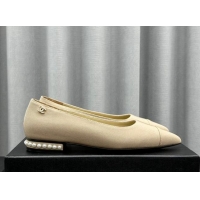 Shop Cheap Chanel Fabric Pointed Flat Ballet with Pearls Beige 918076