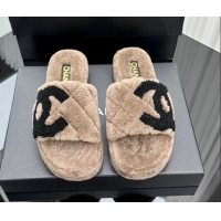 Buy Discount Chanel Wool Flat Slide Sandals with Maxi CC Brown 918079