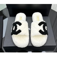 Best Grade Chanel Wool Flat Slide Sandals with Maxi CC White 918080