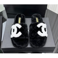 Good Quality Chanel Wool Flat Slide Sandals with Maxi CC Black 918081