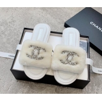 Cheap Price Chanel Wool Flat Slide Sandals with Crystal CC White 925006