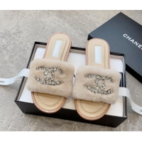 Unique Discount Chanel Wool Flat Slide Sandals with Crystal CC Beige 925007