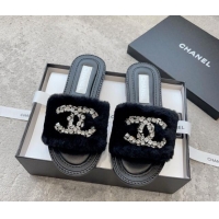 Luxurious Chanel Wool Flat Slide Sandals with Crystal CC Black 925008