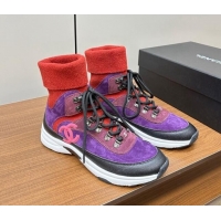 Super Quality Chanel Knit and Suede Lace-up Boots Purple 925021