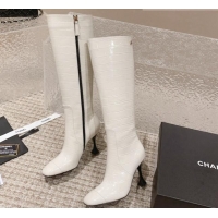 Low Price Chanel Heel High Boots 9cm in Crocodile Embossed Leather White 925026