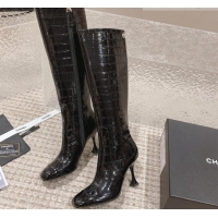 Good Quality Chanel Heel High Boots 9cm in Patent Crocodile Embossed Leather Black 925029