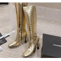 Buy Luxury Chanel Heel High Boots 9cm in Crocodile Embossed Leather Gold 925031