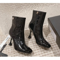 Good Quality Chanel Heel Ankle Boots 9cm in Patent Crocodile Embossed Leather Black 925033