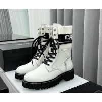 Top Design Chanel Knit & Calfskin Lace-up Ankle Boots White 011023