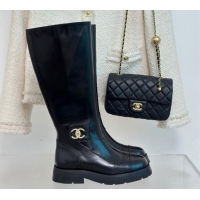 Stylish Chanel Calfskin High Boots with CC Strap Black 011026