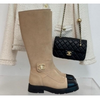 Charming Chanel Suede High Boots with CC Strap Beige 011027