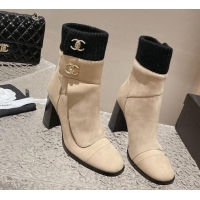 Cheap Price Chanel Suede and Knit Heel Ankle Boots Beige 011032