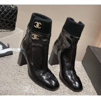 Low Cost Chanel Calfskin and Knit Heel Ankle Boots Black 011034