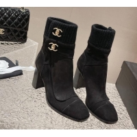 Discount Fashion Chanel Suede and Knit Heel Ankle Boots Black 011035