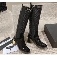 Luxury Chanel Patent Calfskin and Quilted Fabric Heel High Boots Black 1011036