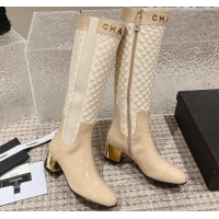 Good Looking Chanel Patent Calfskin and Quilted Fabric Heel High Boots Beige 011037