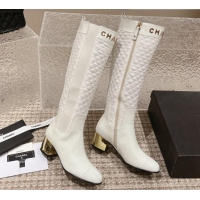 Best Product Chanel Patent Calfskin and Quilted Fabric Heel High Boots White 011038