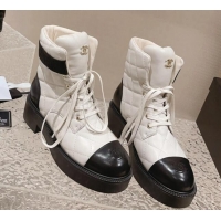 Unique Style Chanel Quilted Calfskin Lace-up Ankle Boots White 011044