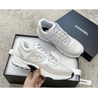 AAAAA Chanel Tweed & Leather Sneakers G38299 Light Grey 011078