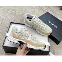 Sophisticated Chanel Tweed & Leather Sneakers G38299 Green/White 011080