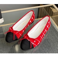 Good Looking Chanel Tweed & Grosgrain Classic Ballet Flat Red 014058