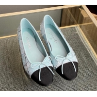 Fashion Luxury Chanel Tweed & Grosgrain Classic Ballet Flat Light Blue 014060