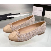 Top Quality Chanel Tweed & Leather Classic Ballet Flat Nude 014075