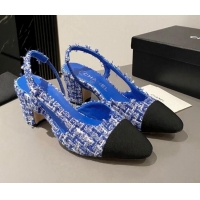 Best Grade Chanel Tweed Classic Slingback Pumps 6cm Blue 016014