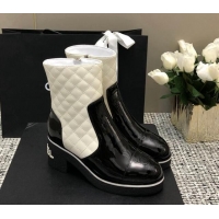 Luxurious Chanel Quilted Lambskin and Patent Calfskin Heel Ankle Boots 6cm Black/White 016114