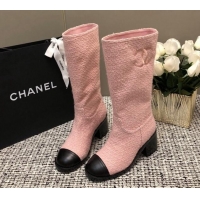 Top Grade Chanel Tweed Medium Boots 6cm Light Pink 016116