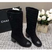 Best Price Chanel Tweed Medium Boots 6cm All Black 016121