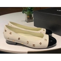 Charming Chanel Calfskin Ballet Flat with Logo Charm White 025066