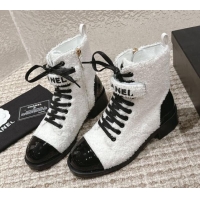 Top Design Chanel Teddycloth Lace-up Ankle Boots White 025088