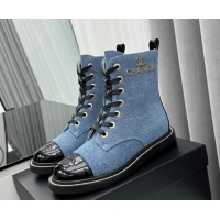 Trendy Design Chanel Denim Lace-up Ankle Boots Light Blue 025106