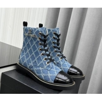 Most Popular Chanel Quilted Denim Lace-up Ankle Boots Blue 025107