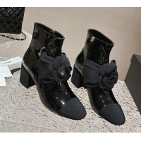 Luxurious Chanel Patent Calfskin Ankle Boots 6cm with Camellia Bloom Charm Black 026107