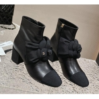 Best Price Chanel Calfskin Leather Ankle Boots 6cm with Camellia Bloom Charm Black 026108