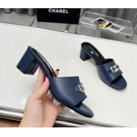 Lower Price Chanel Calfskin Slide Sandals with Framed CC Dark Blue 103008